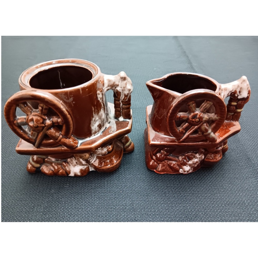 Vintage Brown Ceramic Spinning Wheel Creamer and‎ Sugar Bowl Set Primitive Style